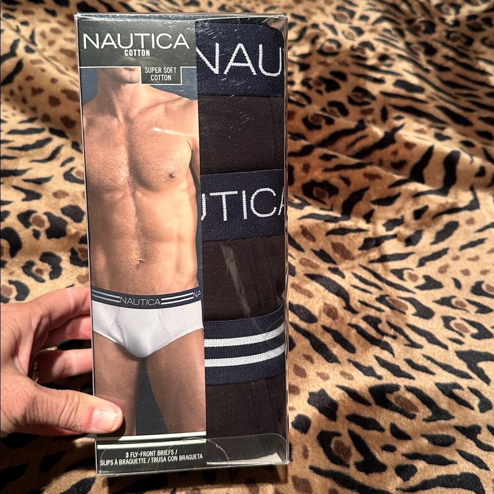 Nautica Men’s black Fly-Front briefs Navy Branded Waistband- 3 Pack new